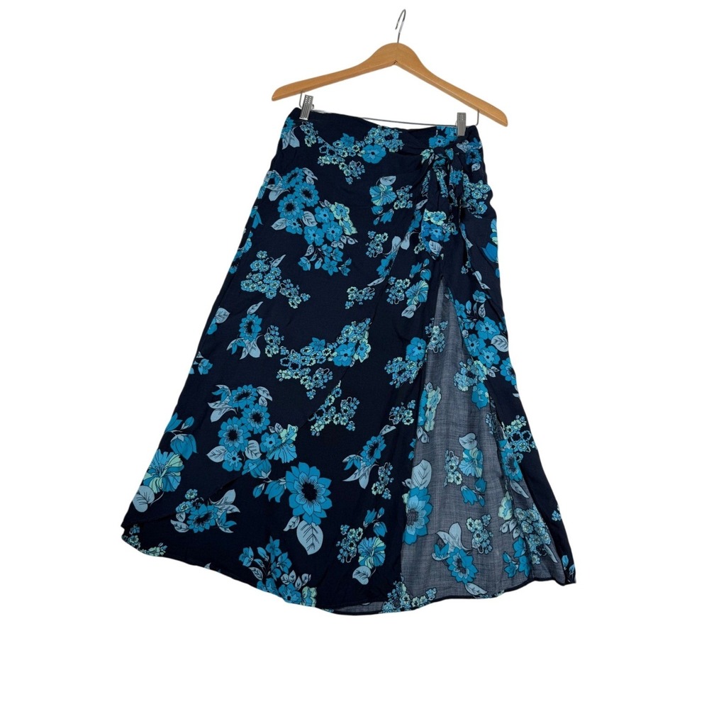 Free People Sz 2 Sunray Sarong Floral Faux Wrap Skirt Navy Blue Turquoise Slit
